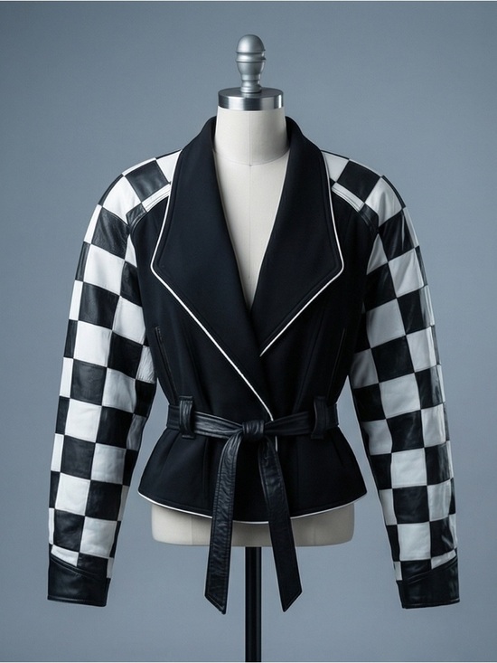 Jackets & Blazers - Black & White Checker Sleeve Belted Jacket - Women